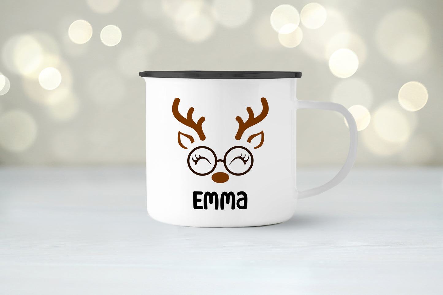 Emaille Tasse mit Name | Rentier mit Brille