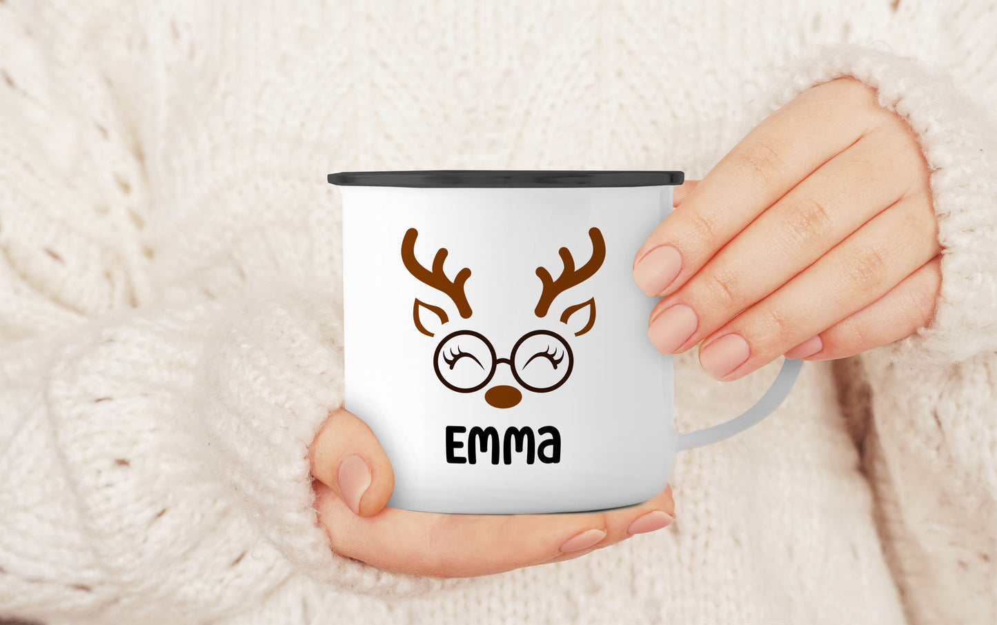 Emaille Tasse mit Name | Rentier mit Brille