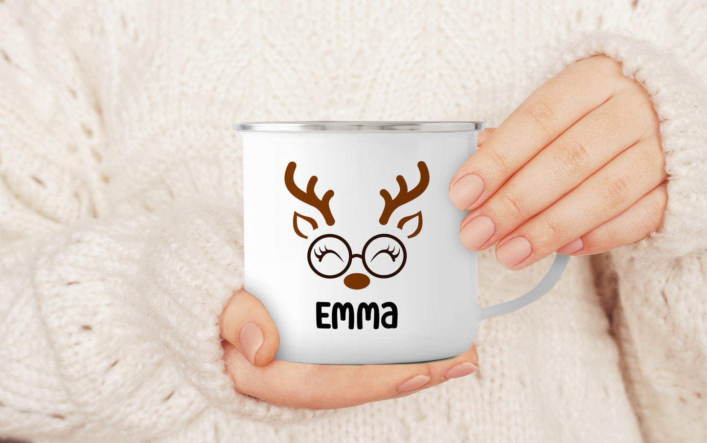 Emaille Tasse mit Name | Rentier mit Brille