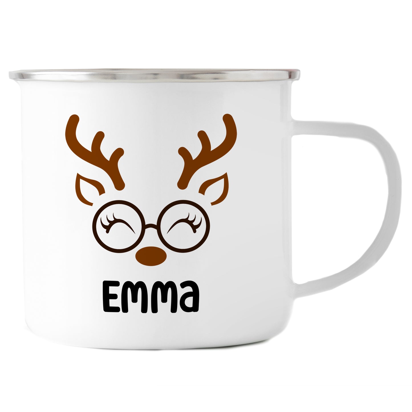 Emaille Tasse mit Name | Rentier mit Brille