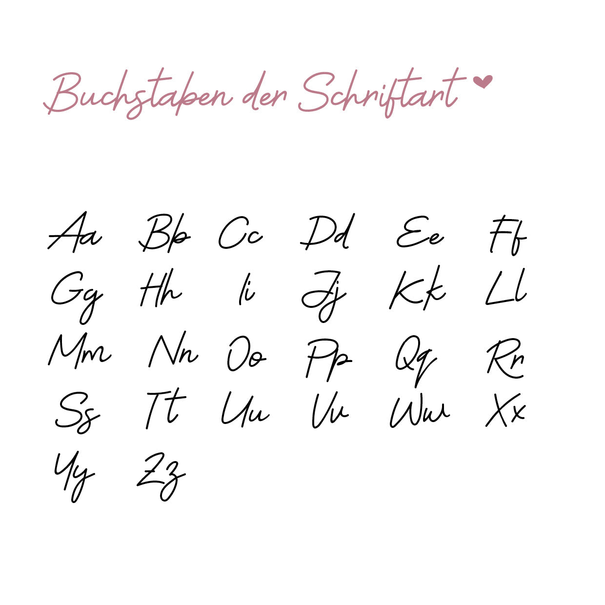 Handschriftliche Buchstaben von A bis Z in Schreibschrift, jeweils in Groß- und Kleinbuchstaben auf weißem Hintergrund.