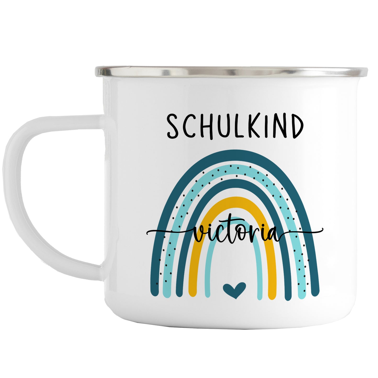 Emaille Tasse mit Namen | Schulkind Regenbogen blau
