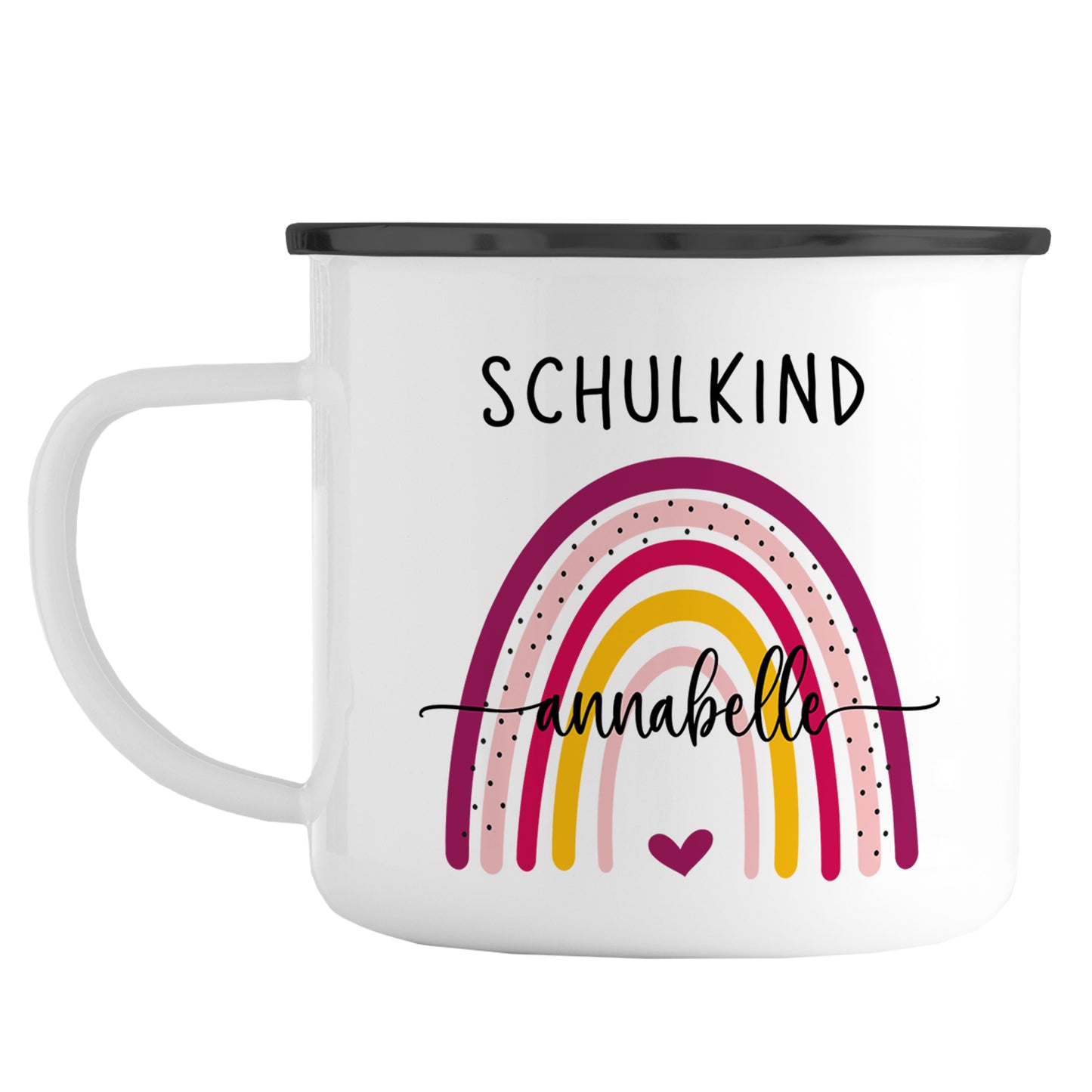 Emaille Tasse mit Namen | Schulkind Regenbogen bunt