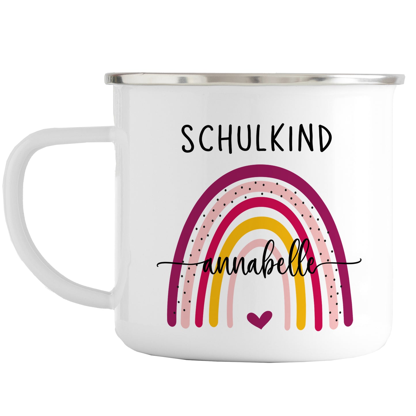 Emaille Tasse mit Namen | Schulkind Regenbogen bunt