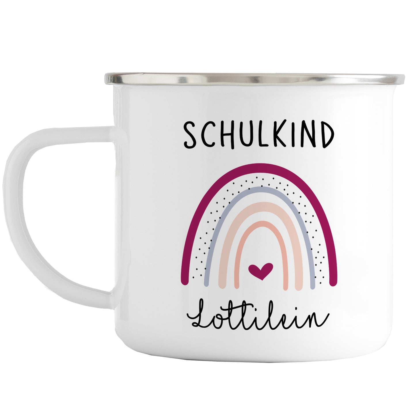 Emaille Tasse mit Namen | Schulkind Regenbogen + Herz lila