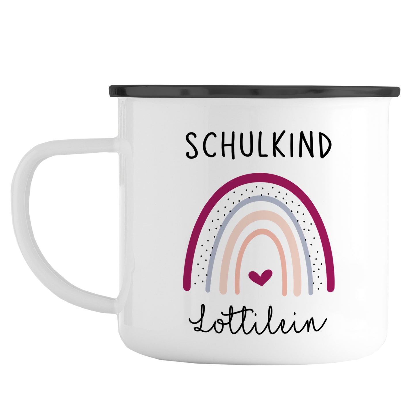 Emaille Tasse mit Namen | Schulkind Regenbogen + Herz lila