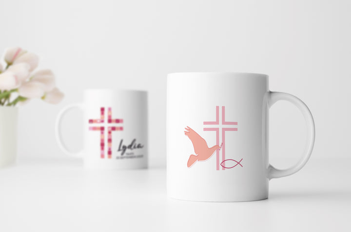 Kreuz Rosa | Tasse zur Taufe, Kommunion oder Konfirmation | mit Namen und Datum personalisiert