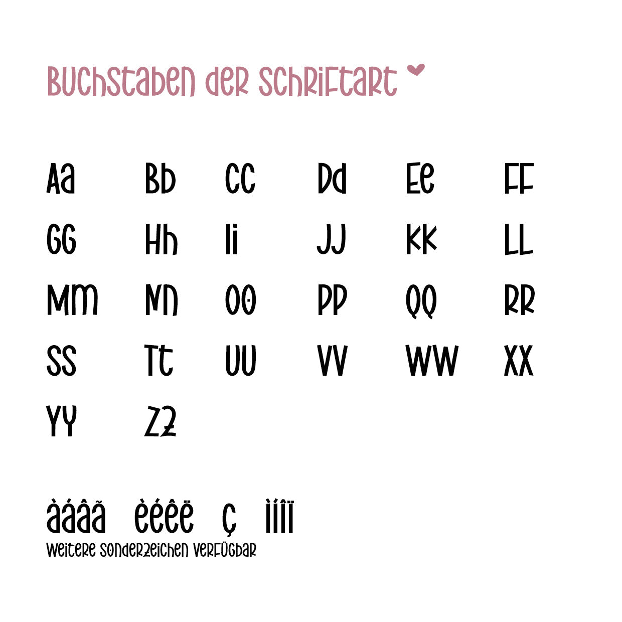 Darstellung der Schriftart für die Namenspersonalisierung mit allen Buchstaben, Umlauten und Sonderzeichen auf weißem Hintergrund