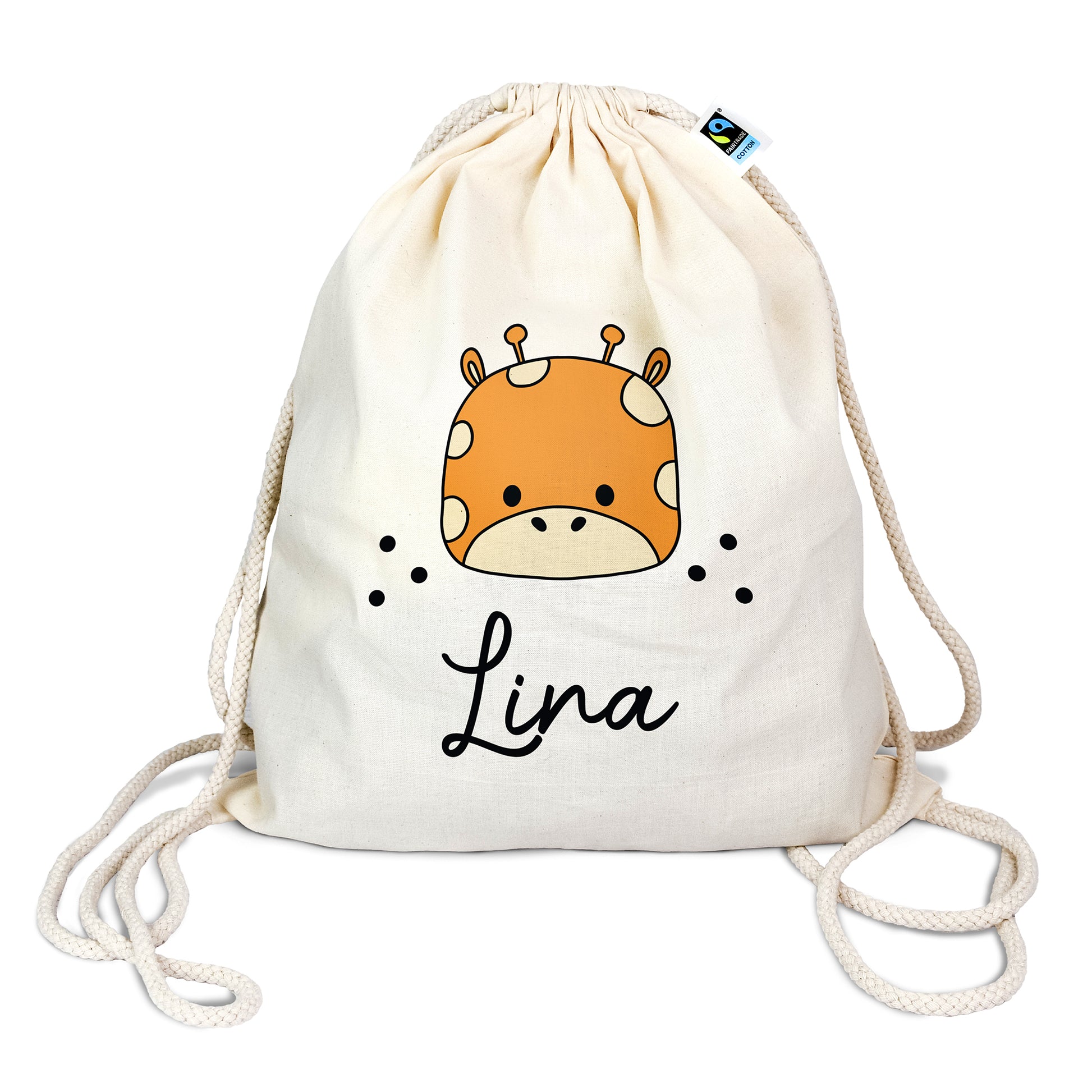 Personalisierter Turnbeutel aus Bio- Baumwolle | mit Wunschnamen | Giraffe | fuer Schule und Kindergarten - verschenkich.de