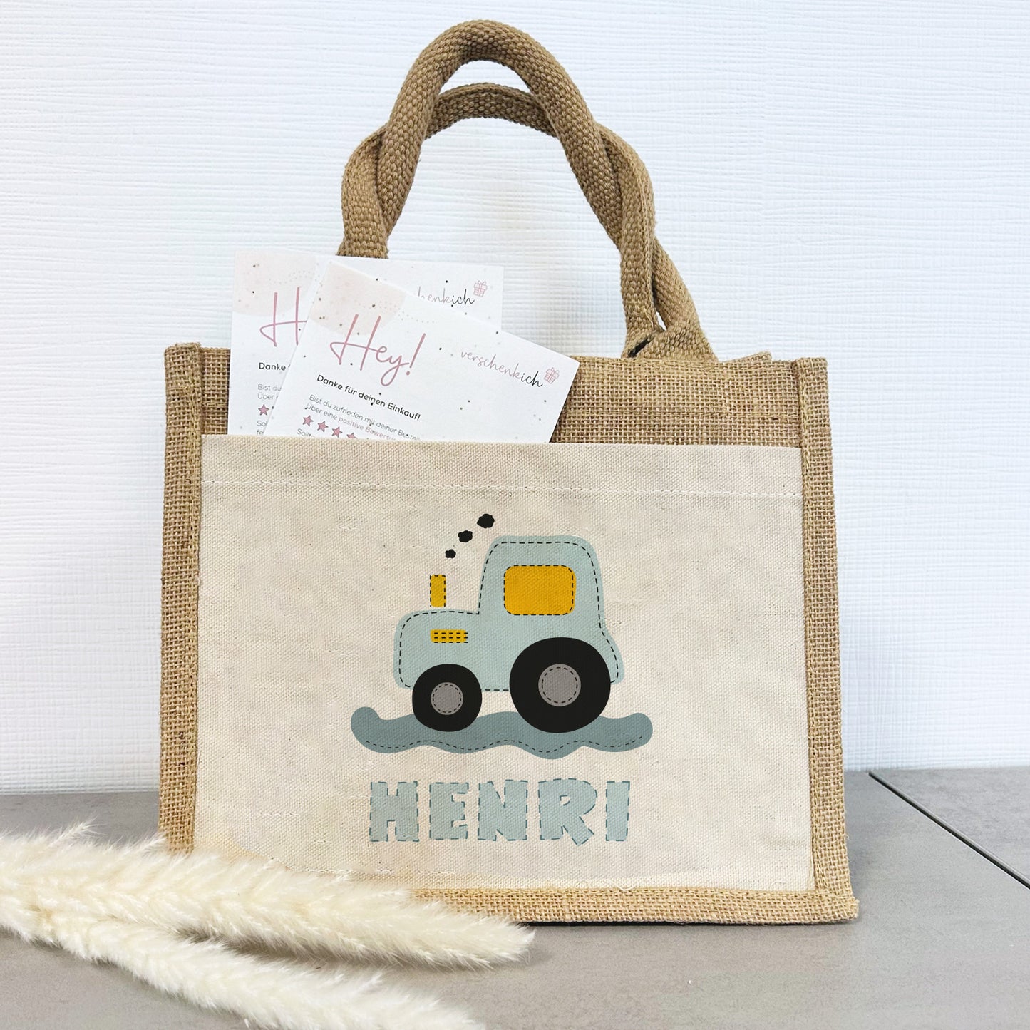 Personalisierte Jute Pocket Tasche | mit Wunschnamen | Traktor blau | Fahrzeuge | persönliches Geschenk für Kinder | auch als Geschenktasche