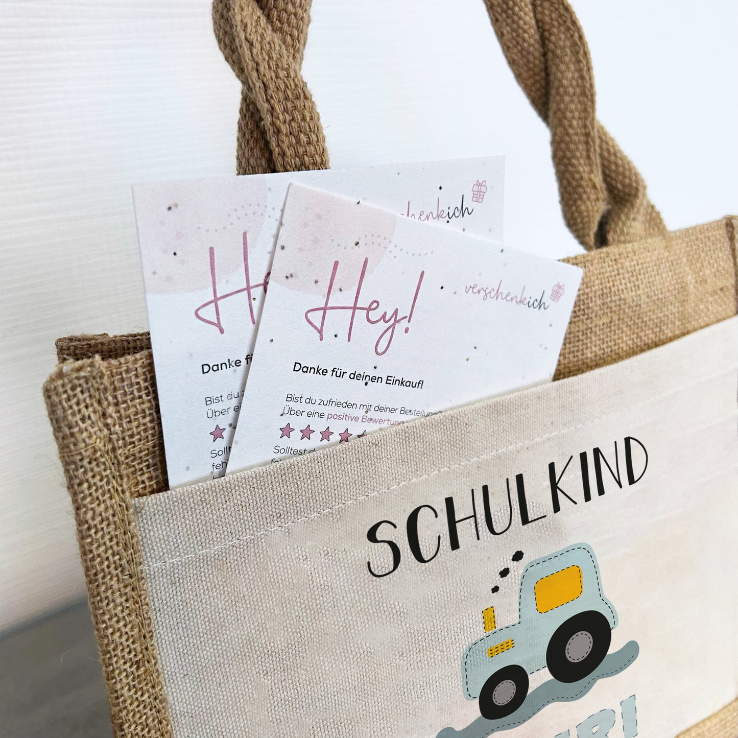 Einschulung | Personalisierte Jute Pocket Tasche | mit Wunschnamen | Schulkind Traktor blau | als Geschenktasche für Schulanfang
