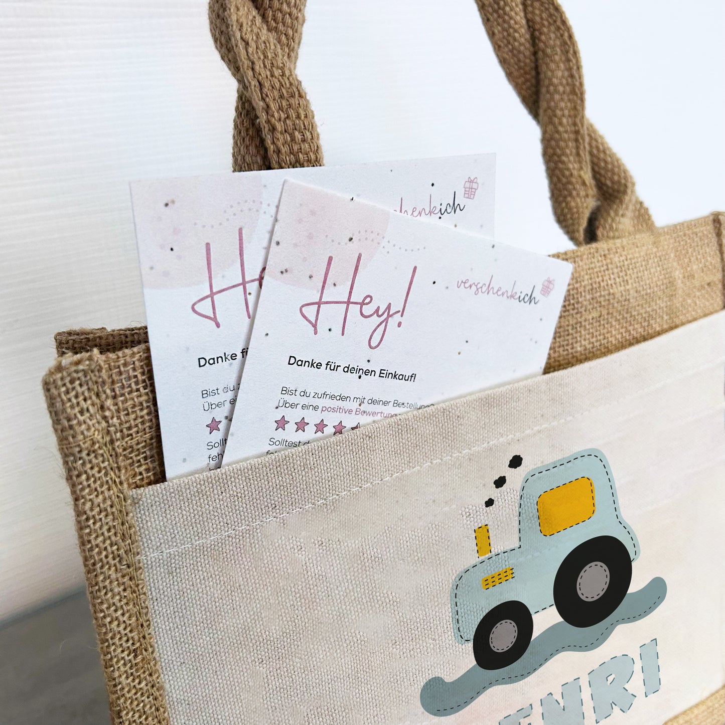 Personalisierte Jute Pocket Tasche | mit Wunschnamen | Traktor blau | Fahrzeuge | persönliches Geschenk für Kinder | auch als Geschenktasche