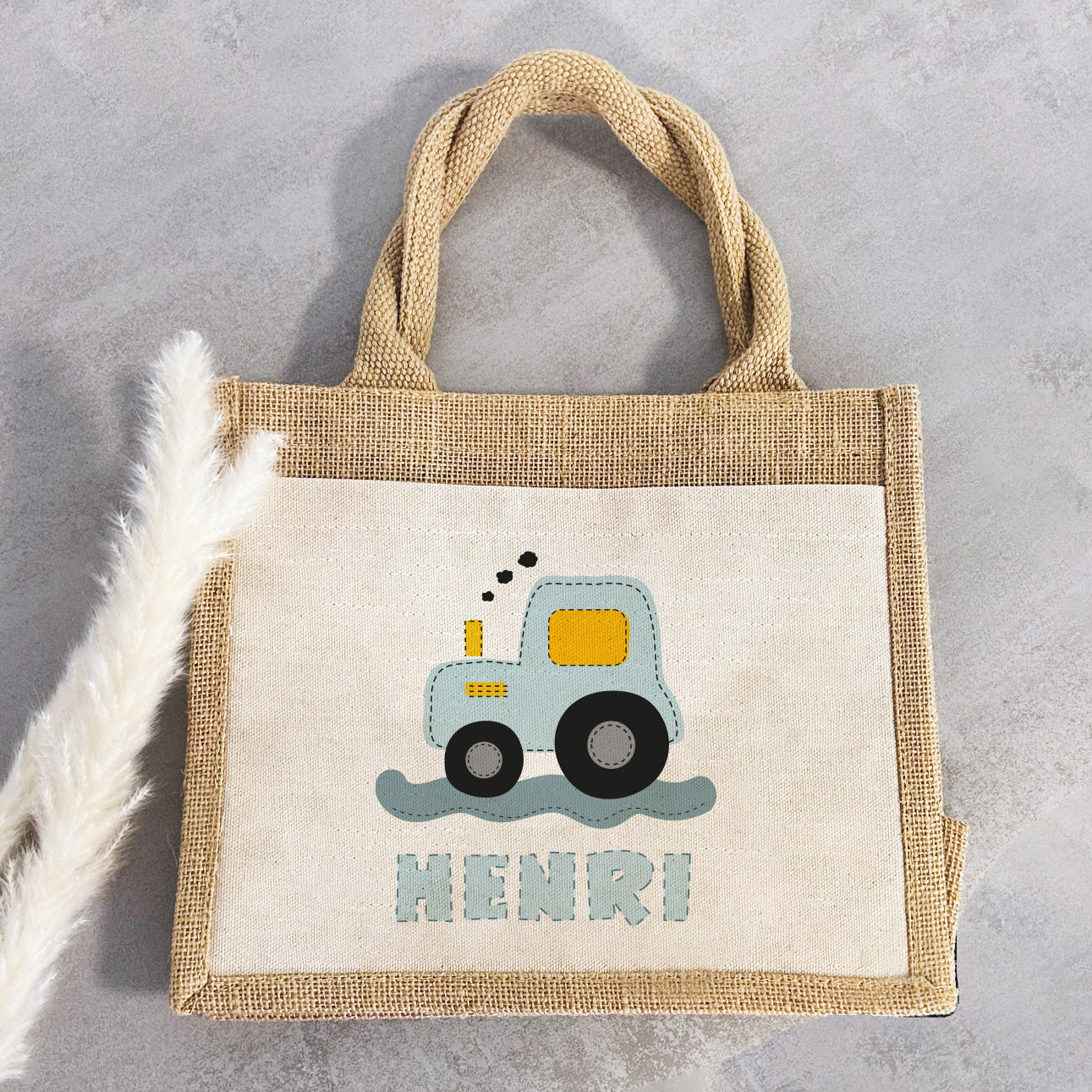 Personalisierte Jute Pocket Tasche | mit Wunschnamen | Traktor blau | Fahrzeuge | persönliches Geschenk für Kinder | auch als Geschenktasche