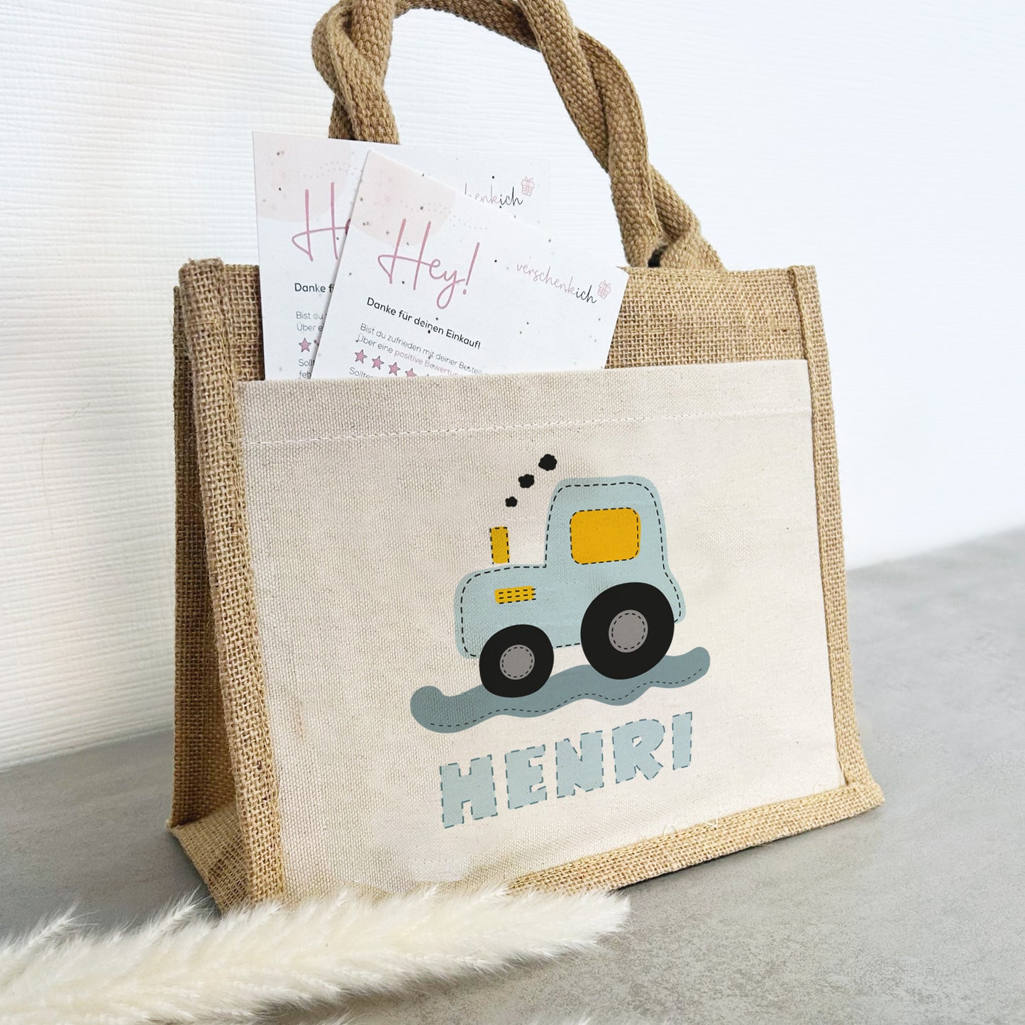 Personalisierte Jute Pocket Tasche | mit Wunschnamen | Traktor blau | Fahrzeuge | persönliches Geschenk für Kinder | auch als Geschenktasche