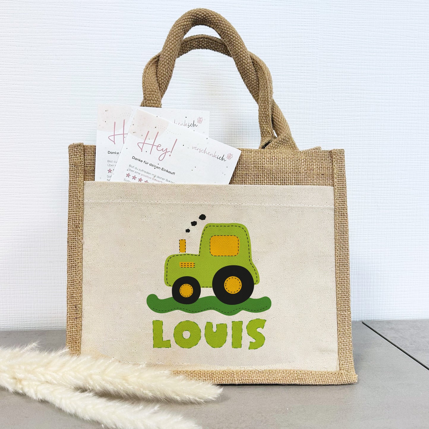 Personalisierte Jute Pocket Tasche | mit Wunschnamen | Traktor grün | Fahrzeuge | persönliches Geschenk für Kinder | auch als Geschenktasche