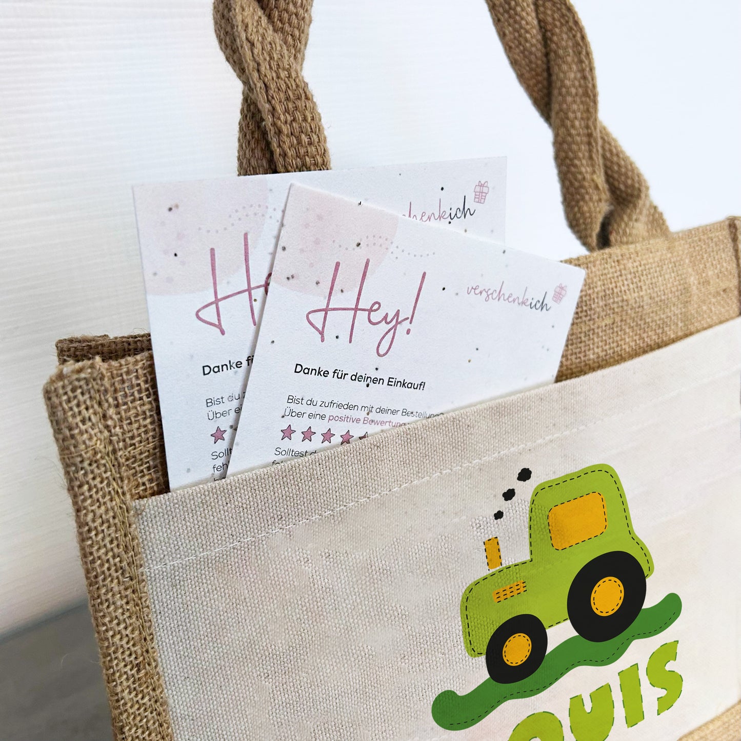 Personalisierte Jute Pocket Tasche | mit Wunschnamen | Traktor grün | Fahrzeuge | persönliches Geschenk für Kinder | auch als Geschenktasche