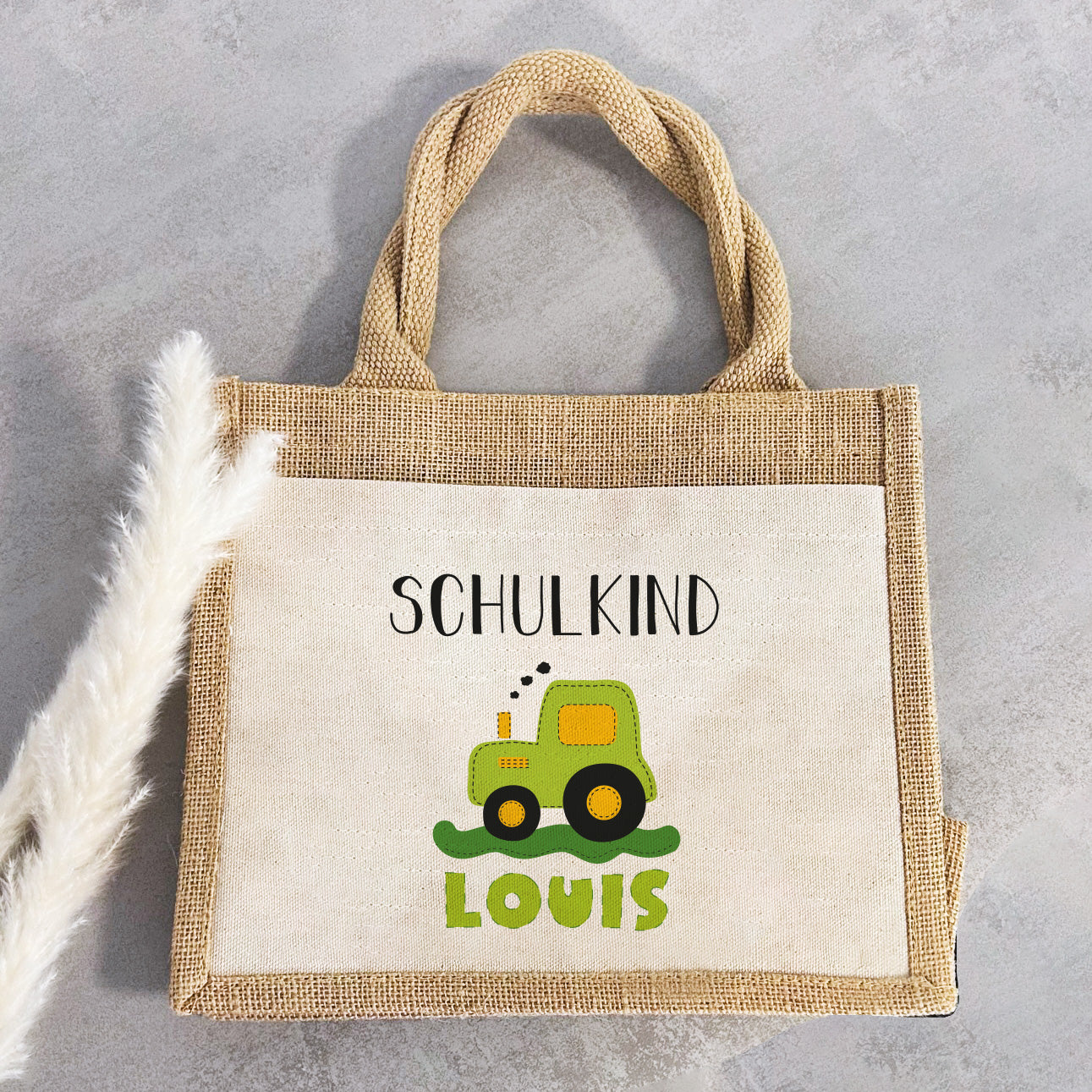 Jute Pocket Tasche mit Namen | Schulkind Traktor grün