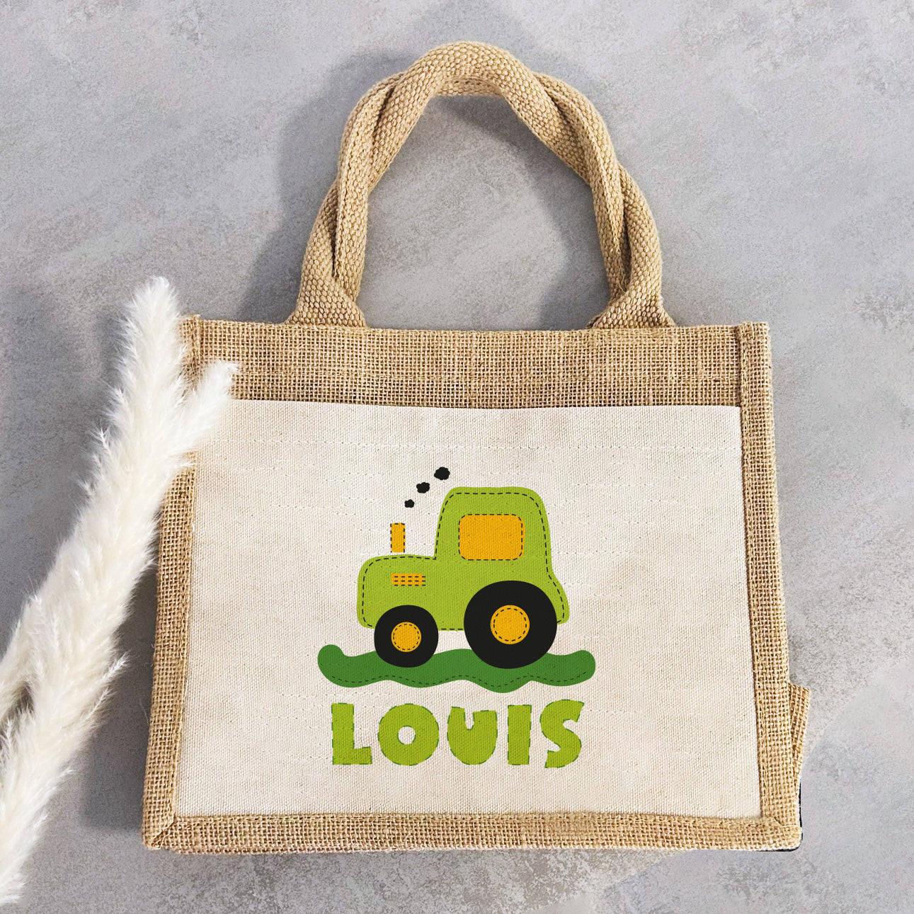 Personalisierte Jute Pocket Tasche | mit Wunschnamen | Traktor grün | Fahrzeuge | persönliches Geschenk für Kinder | auch als Geschenktasche