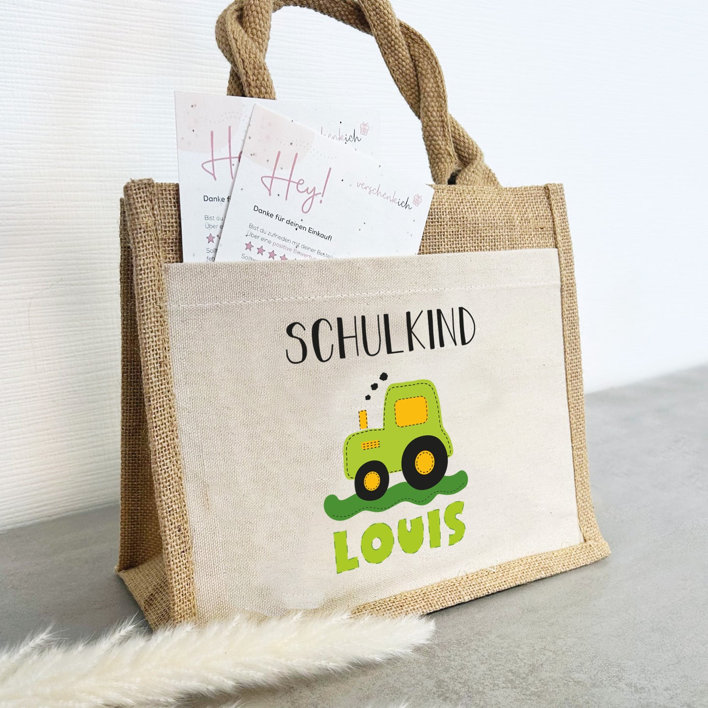 Jute Pocket Tasche mit Namen | Schulkind Traktor grün