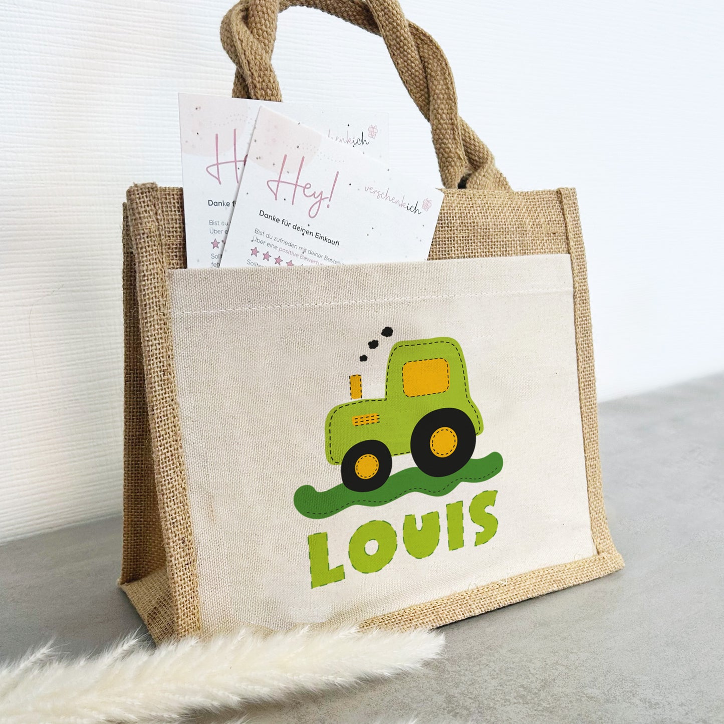 Personalisierte Jute Pocket Tasche | mit Wunschnamen | Traktor grün | Fahrzeuge | persönliches Geschenk für Kinder | auch als Geschenktasche