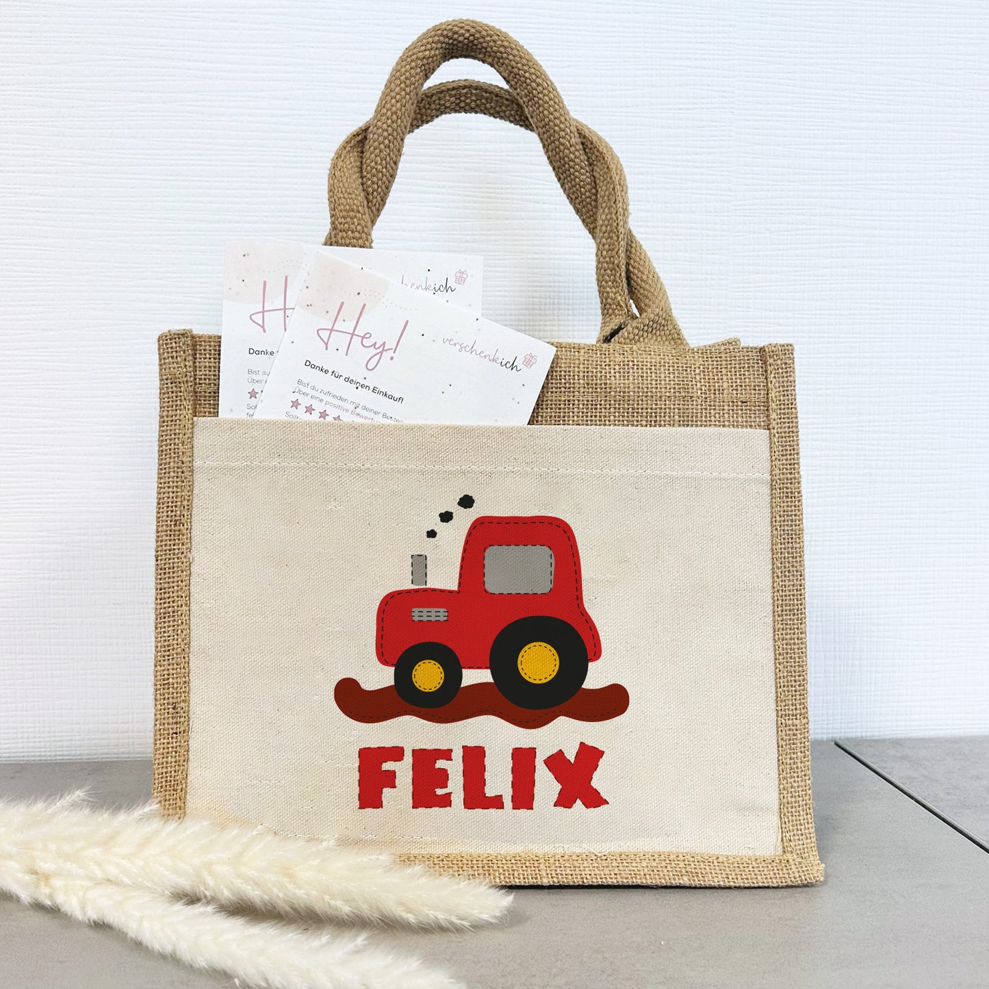 Personalisierte Jute Pocket Tasche | mit Wunschnamen | Traktor rot | Fahrzeuge | persönliches Geschenk für Kinder | auch als Geschenktasche