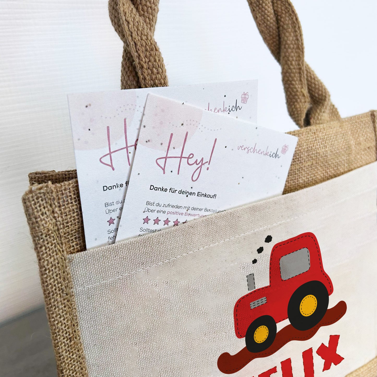 Personalisierte Jute Pocket Tasche | mit Wunschnamen | Traktor rot | Fahrzeuge | persönliches Geschenk für Kinder | auch als Geschenktasche