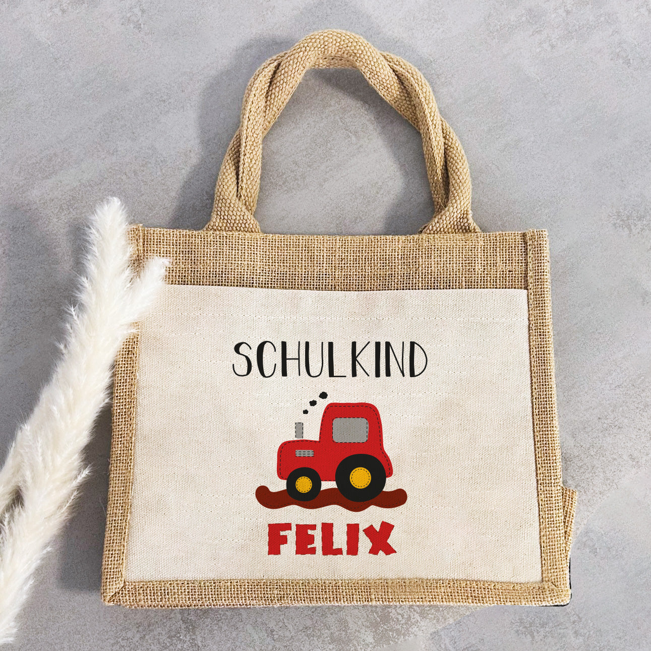 Einschulung | Personalisierte Jute Pocket Tasche | mit Wunschnamen | Schulkind Traktor rot | als Geschenktasche für Schulanfang
