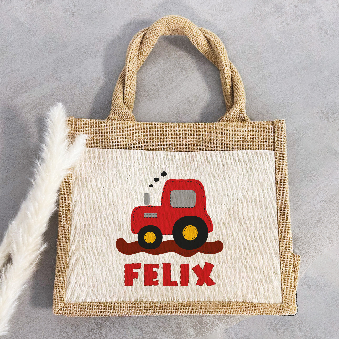 Personalisierte Jute Pocket Tasche | mit Wunschnamen | Traktor rot | Fahrzeuge | persönliches Geschenk für Kinder | auch als Geschenktasche