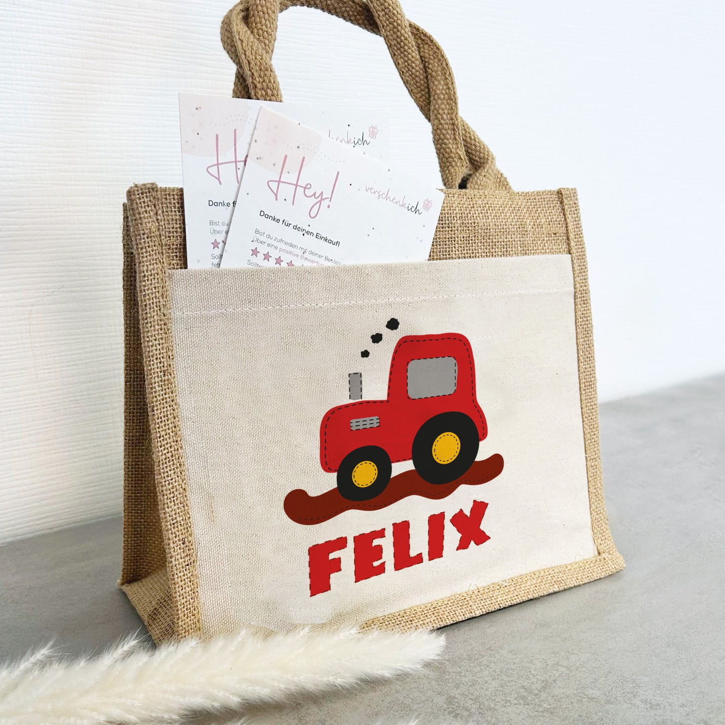 Personalisierte Jute Pocket Tasche | mit Wunschnamen | Traktor rot | Fahrzeuge | persönliches Geschenk für Kinder | auch als Geschenktasche