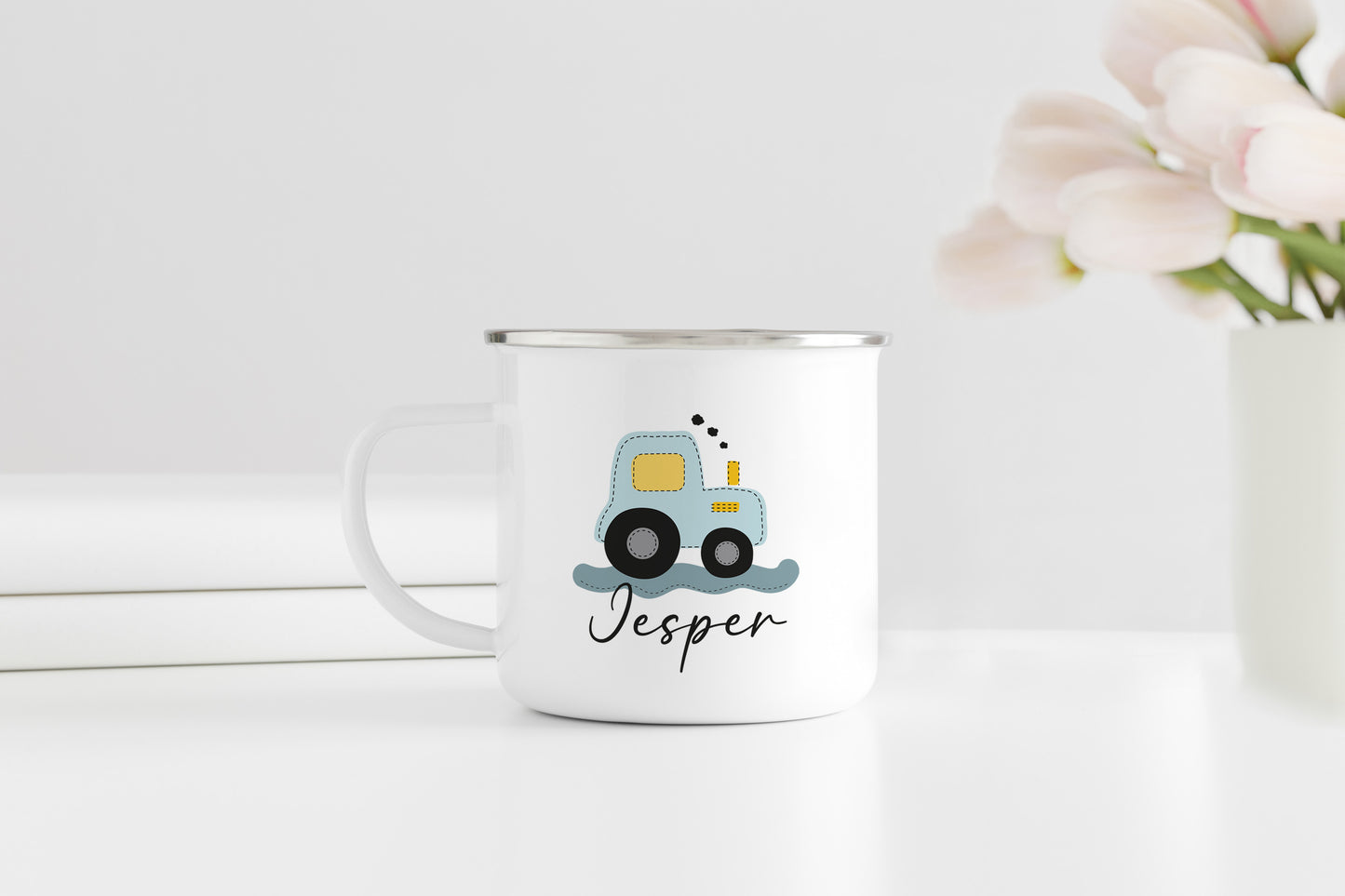 Personalisierter Emaillebecher | Traktor blau | Emaille Tasse | Rand schwarz oder silber | mit Namen | Geschenk Trecker Fans | Geburtstag