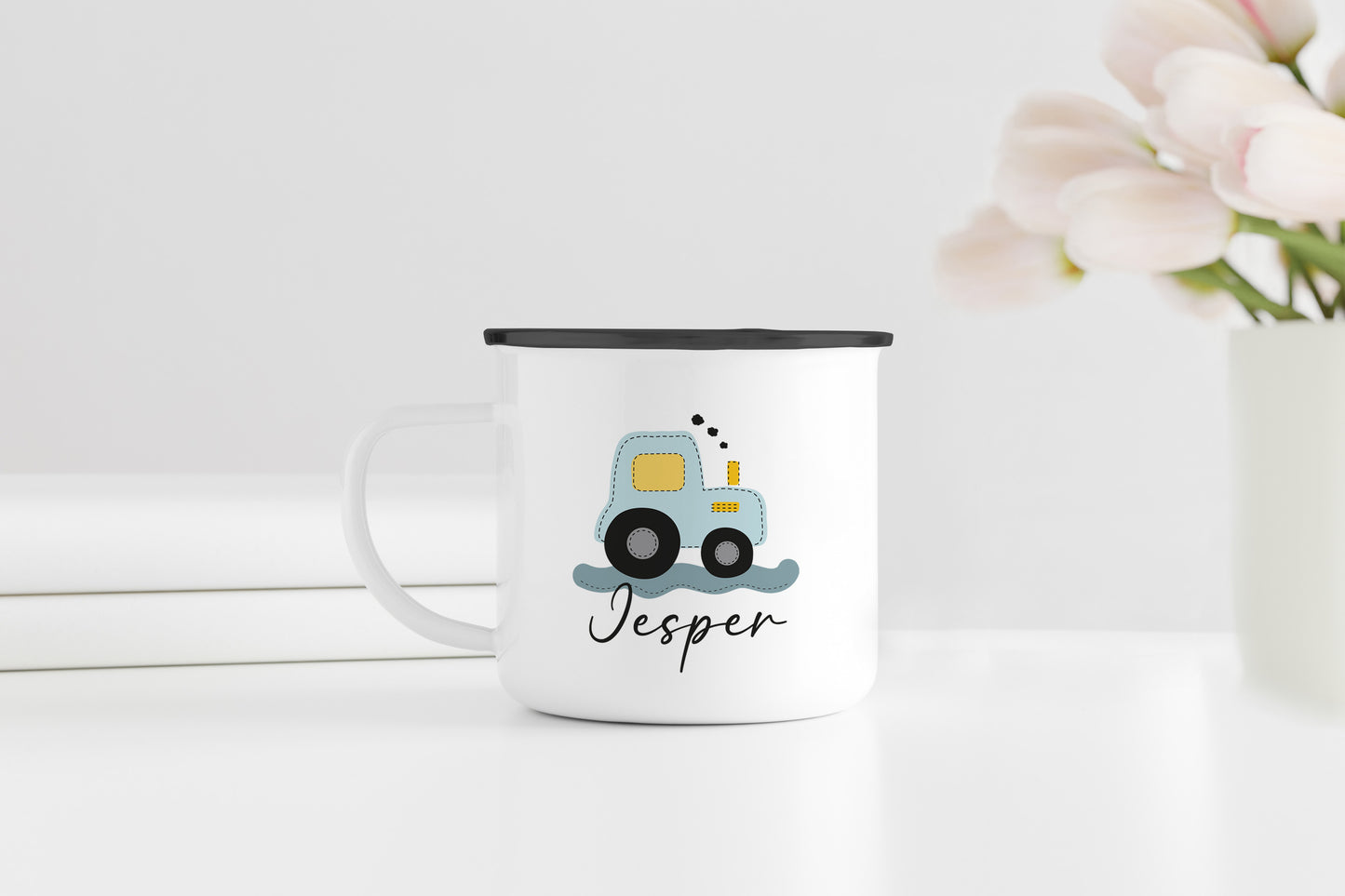 Personalisierter Emaillebecher | Traktor blau | Emaille Tasse | Rand schwarz oder silber | mit Namen | Geschenk Trecker Fans | Geburtstag
