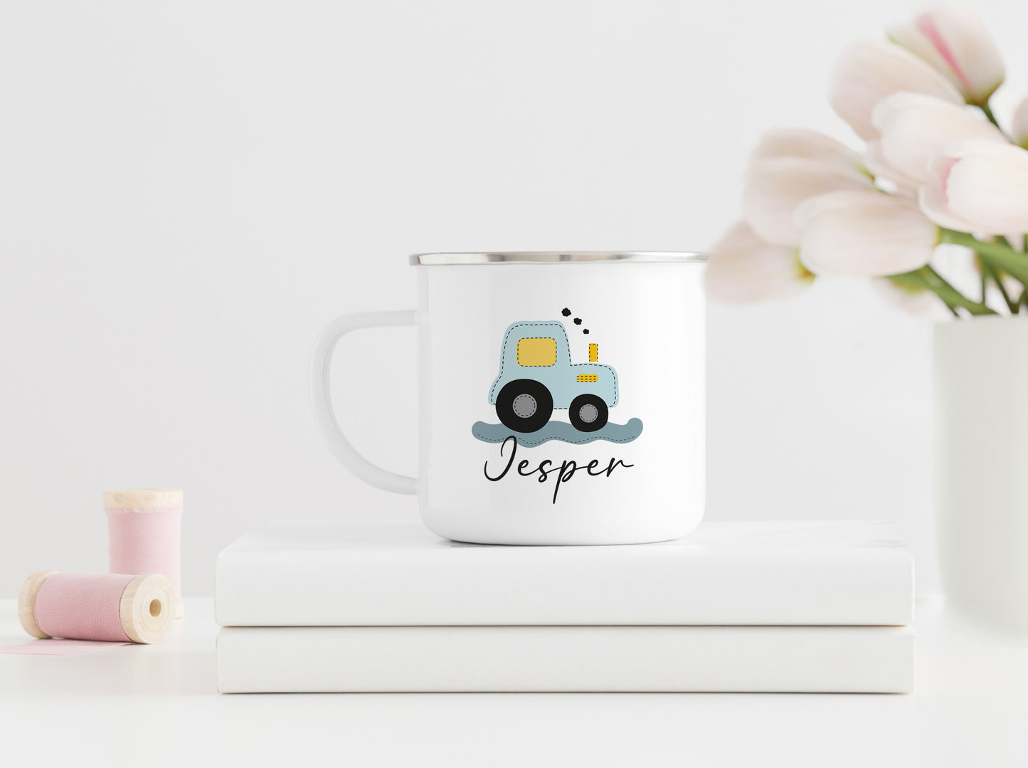 Personalisierter Emaillebecher | Traktor blau | Emaille Tasse | Rand schwarz oder silber | mit Namen | Geschenk Trecker Fans | Geburtstag