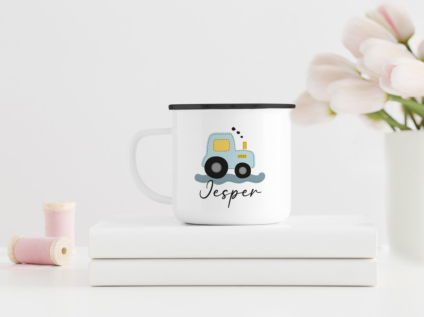 Personalisierter Emaillebecher | Traktor blau | Emaille Tasse | Rand schwarz oder silber | mit Namen | Geschenk Trecker Fans | Geburtstag