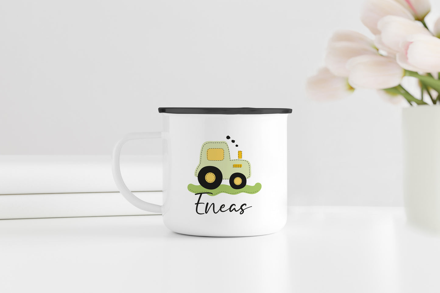 Personalisierter Emaillebecher | Traktor grün | Emaille Tasse | Rand schwarz oder silber | mit Namen | Geschenk Trecker Fans | Geburtstag