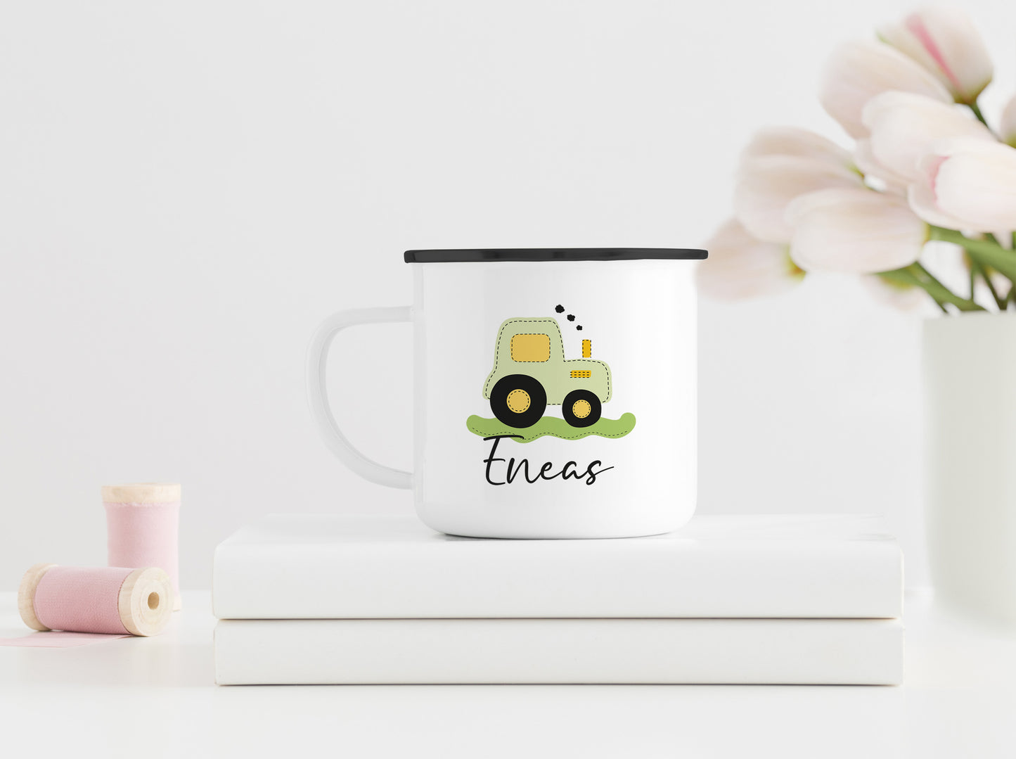 Personalisierter Emaillebecher | Traktor grün | Emaille Tasse | Rand schwarz oder silber | mit Namen | Geschenk Trecker Fans | Geburtstag