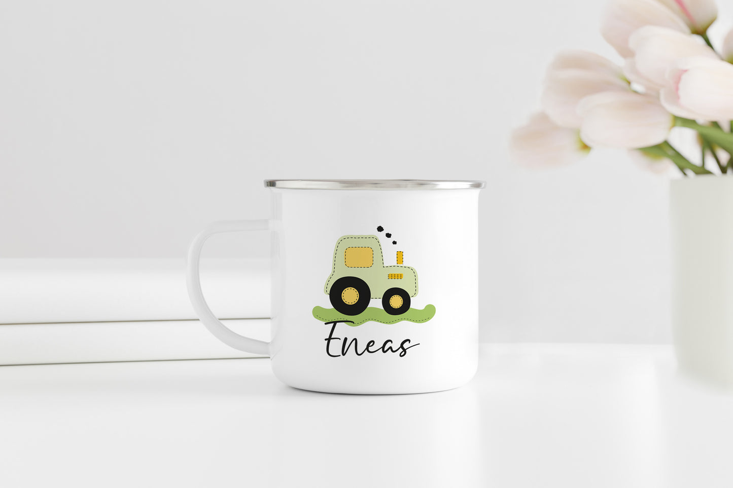 Personalisierter Emaillebecher | Traktor grün | Emaille Tasse | Rand schwarz oder silber | mit Namen | Geschenk Trecker Fans | Geburtstag