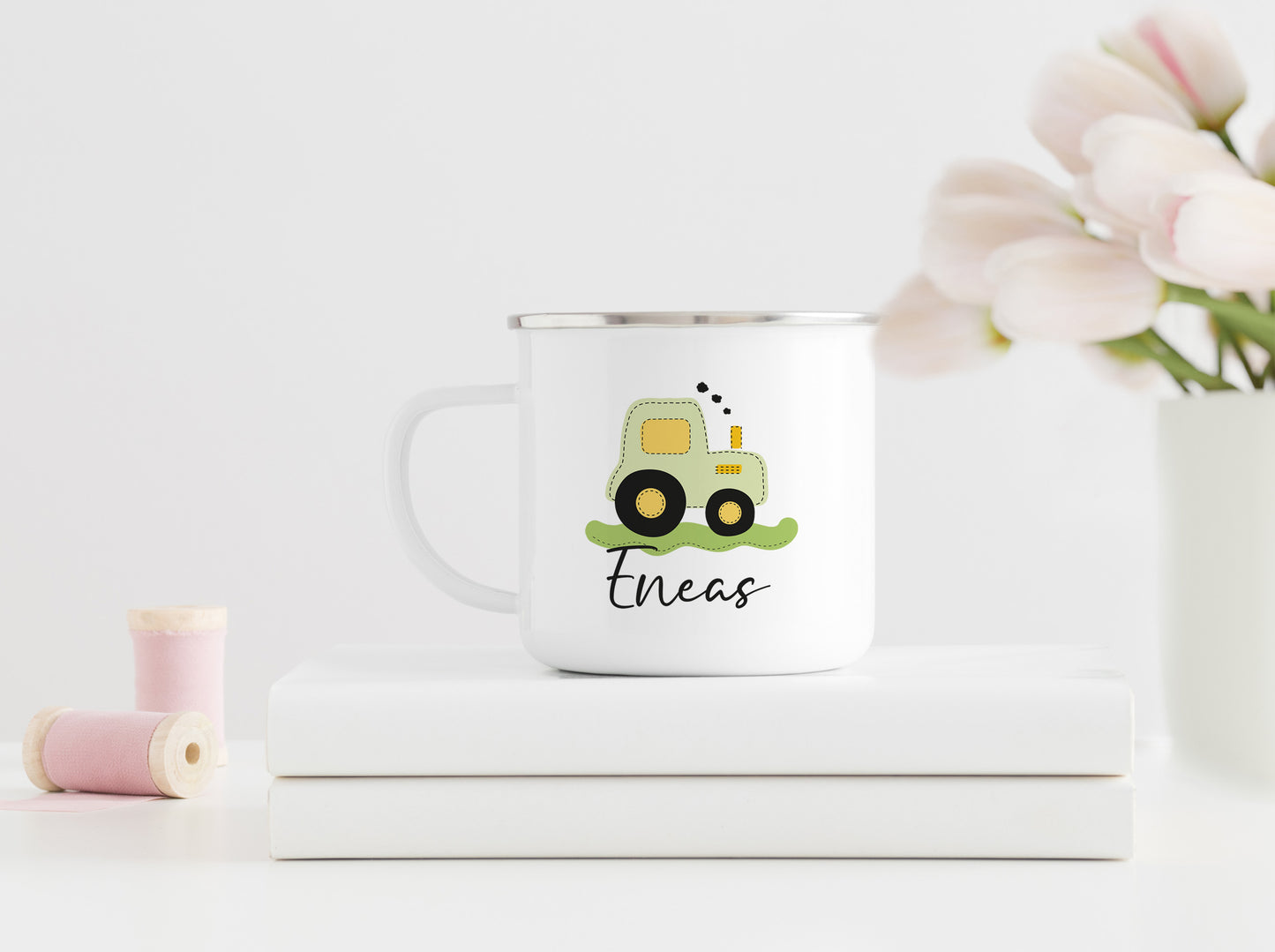 Personalisierter Emaillebecher | Traktor grün | Emaille Tasse | Rand schwarz oder silber | mit Namen | Geschenk Trecker Fans | Geburtstag