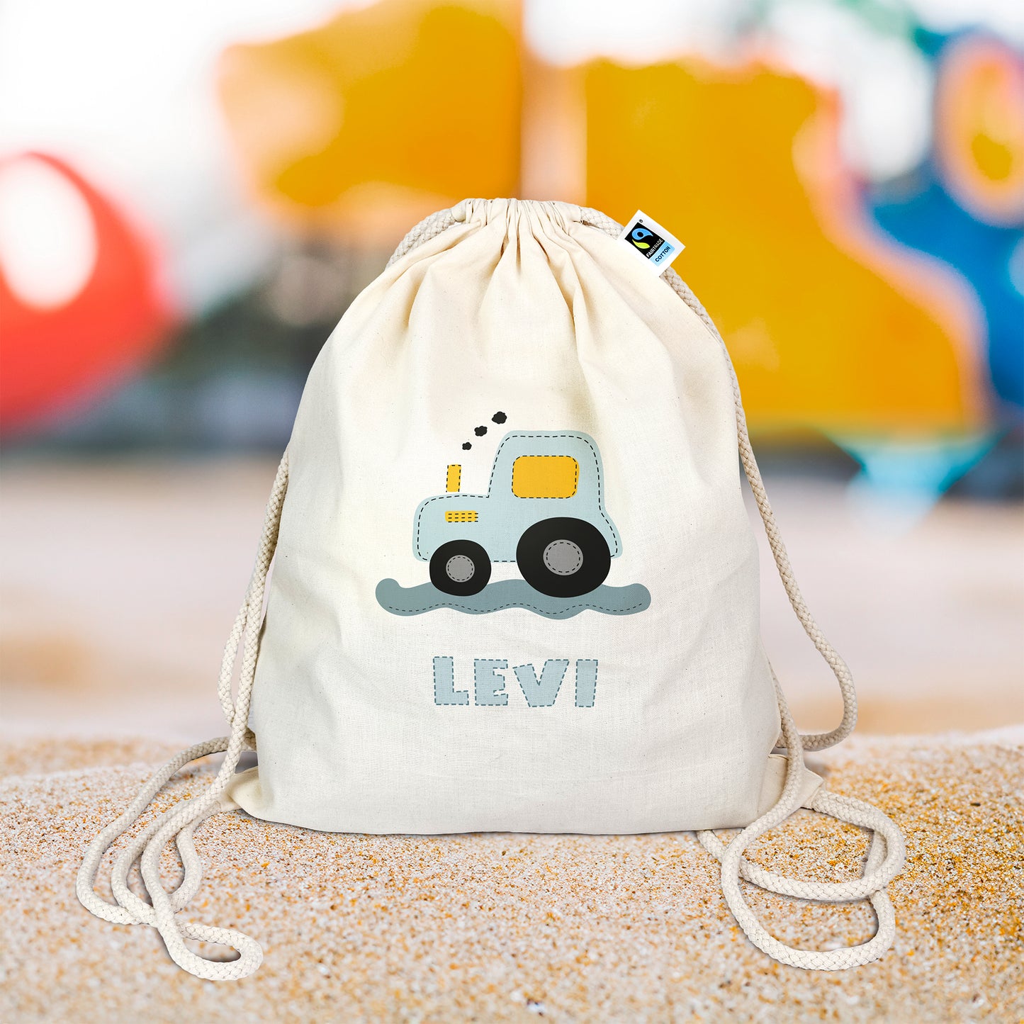 Turnbeutel aus Bio- Baumwolle mit Name | Traktor blau