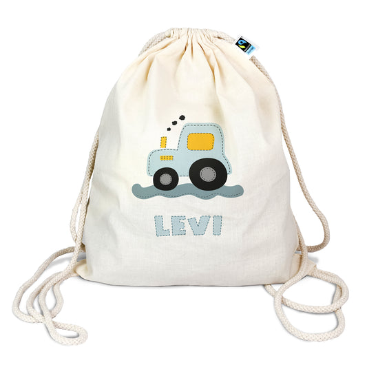 Turnbeutel aus Bio- Baumwolle mit Name | Traktor blau