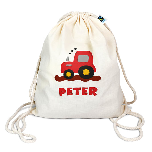Turnbeutel aus Bio- Baumwolle mit Name | Traktor rot