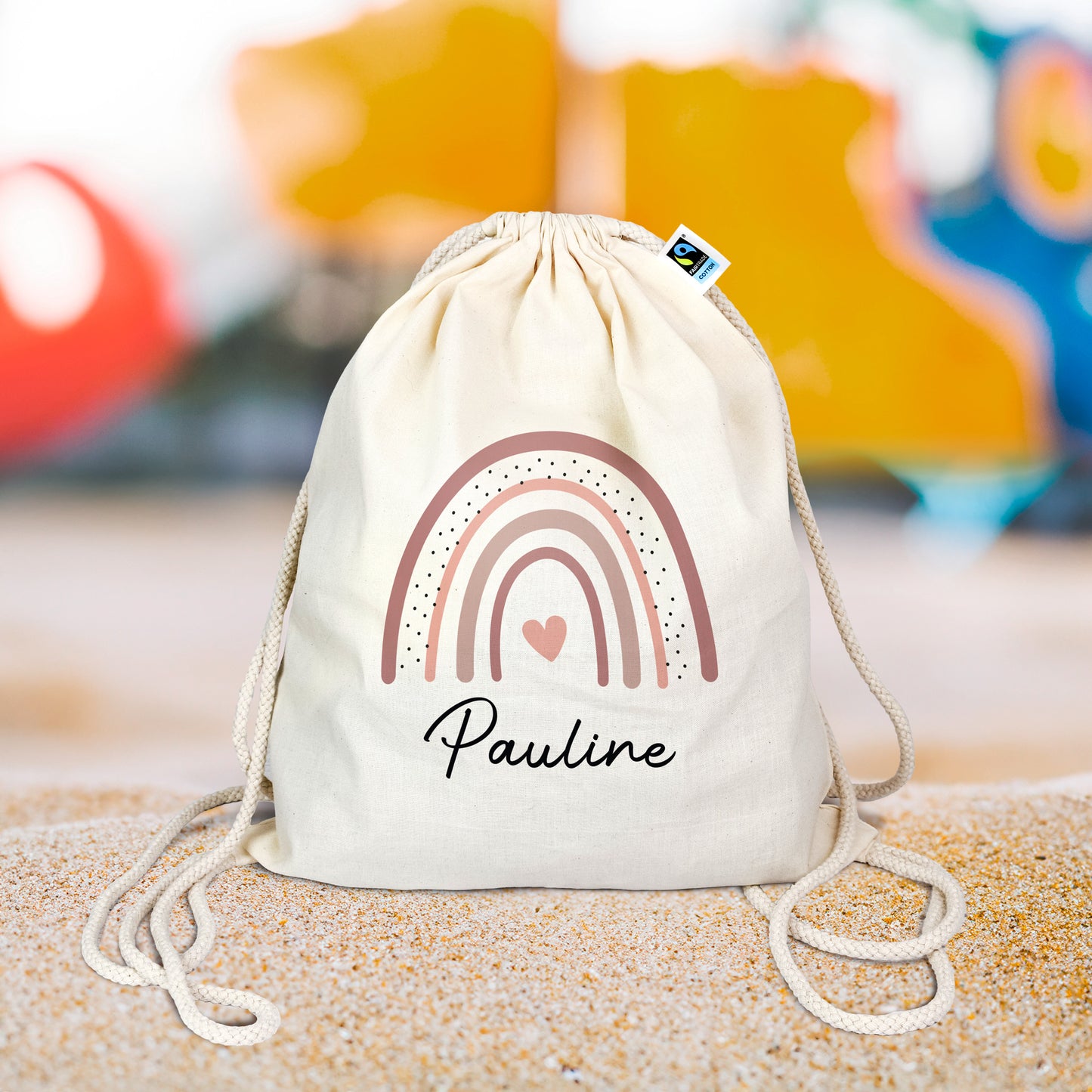 Turnbeutel aus Bio-Baumwolle mit Name | Regenbogen altrosa-rosa