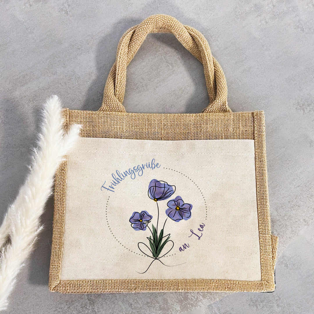 Personalisierte Jute Pocket Tasche | mit Wunschnamen | Frühling | Veilchen | an Blumen erfreuen | auch als Geschenktasche