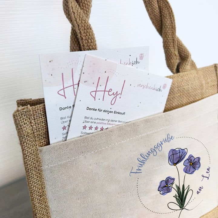 Personalisierte Jute Pocket Tasche | mit Wunschnamen | Frühling | Veilchen | an Blumen erfreuen | auch als Geschenktasche