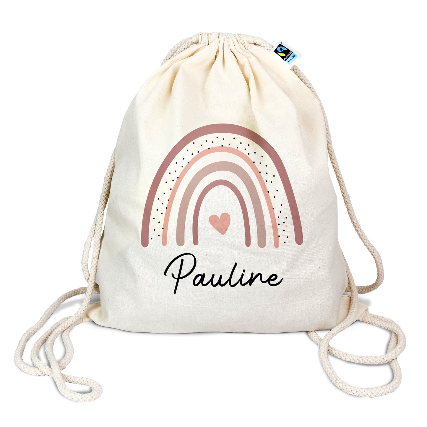 Turnbeutel aus Bio-Baumwolle mit Name | Regenbogen altrosa-rosa