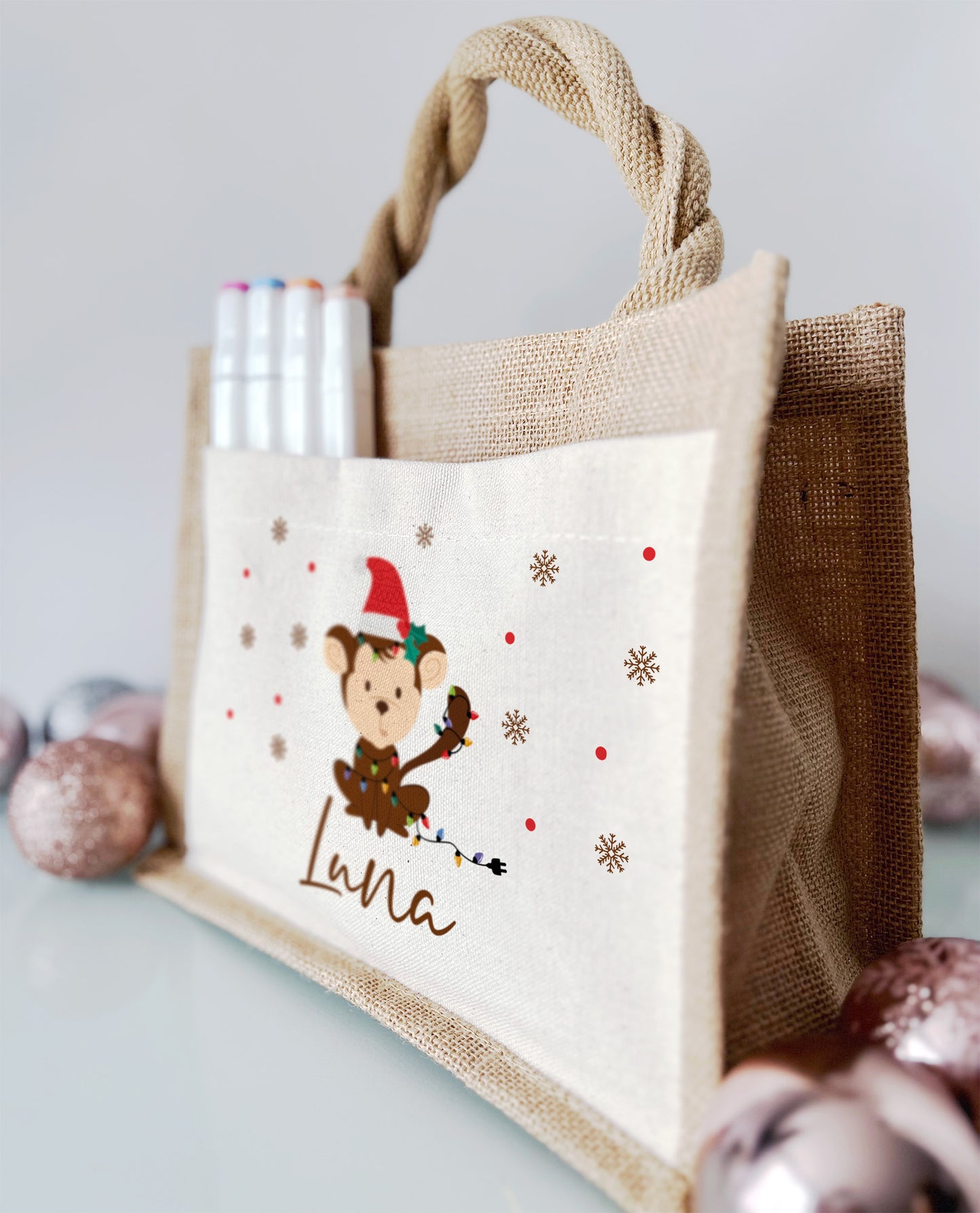 Jute Pocket Tasche mit Namen | Weihnachts- Affe