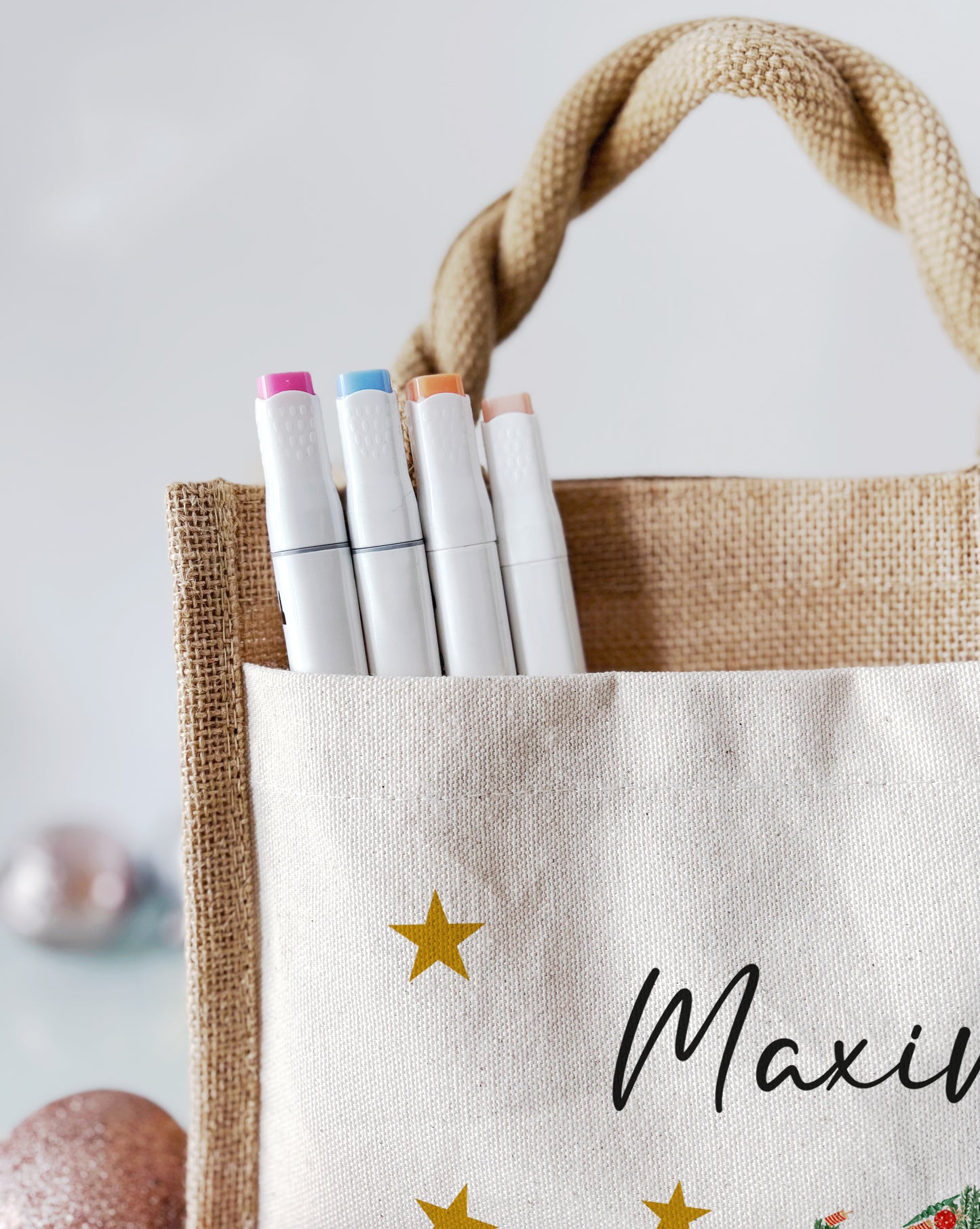 Jute Pocket Tasche mit Namen | Auto mit Weihnachtsbaum