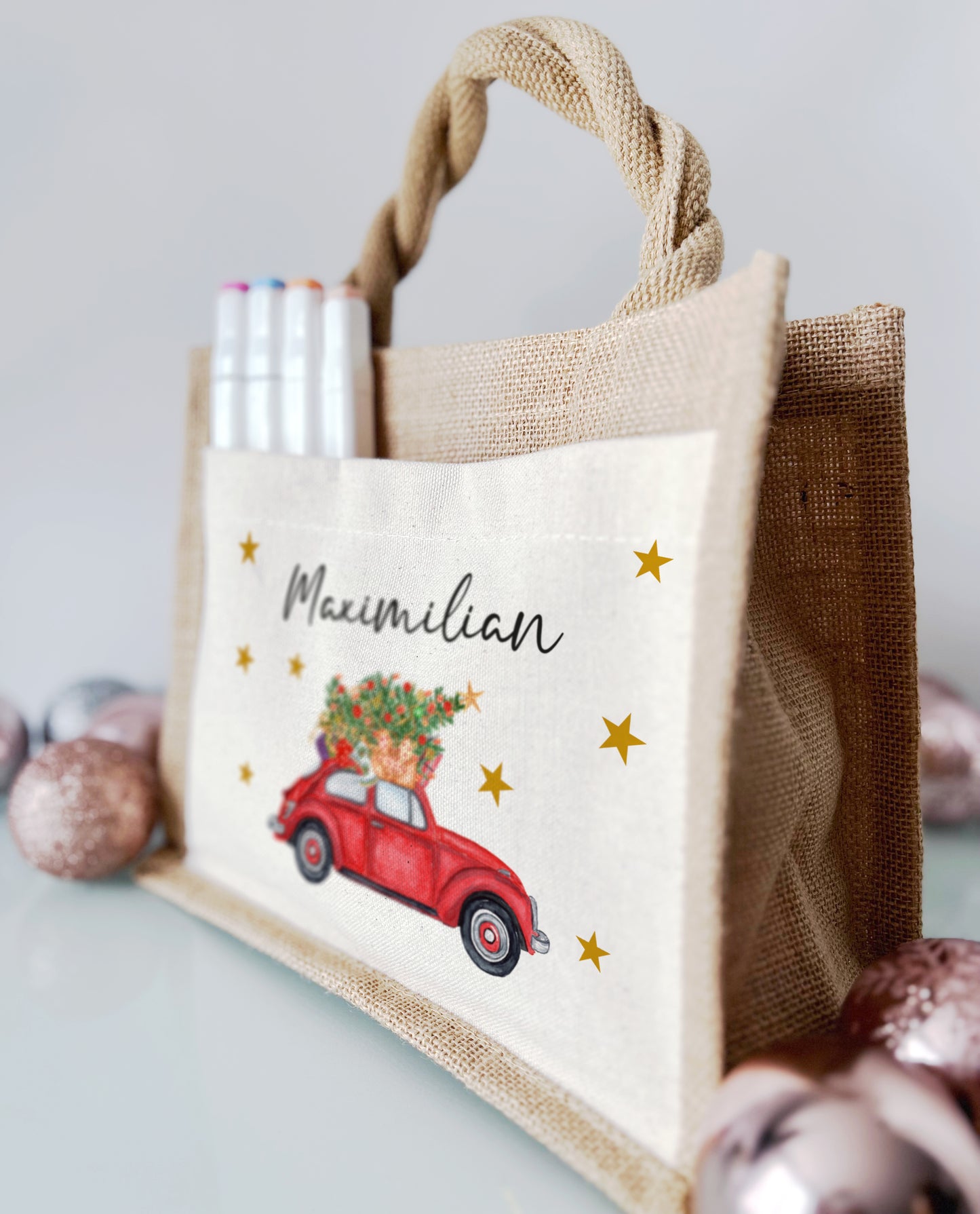 Jute Pocket Tasche mit Namen | Auto mit Weihnachtsbaum