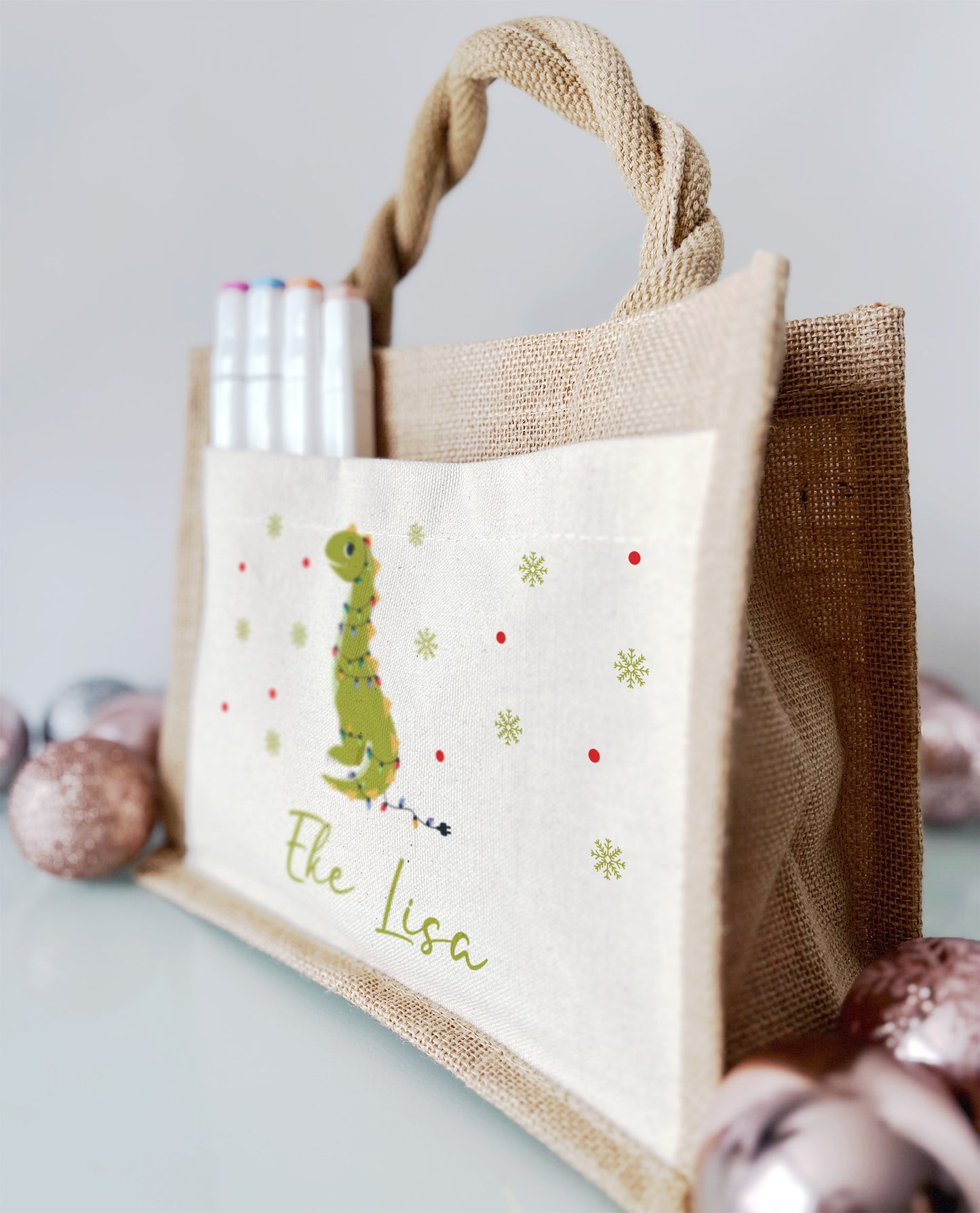 Jute Pocket Tasche mit Namen | Weihnachts- Dino