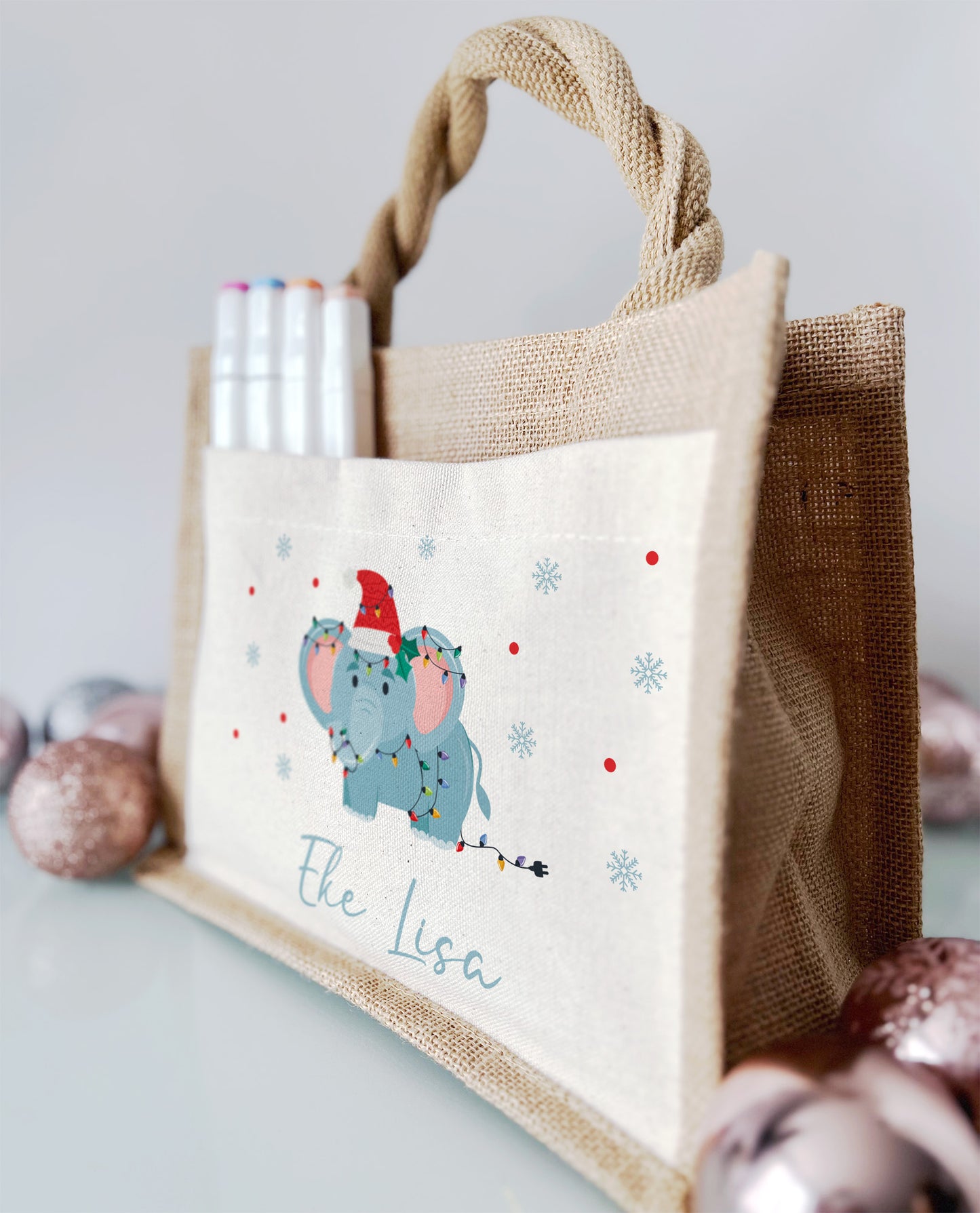 Jute Pocket Tasche mit Namen | Weihnachts- Elefant