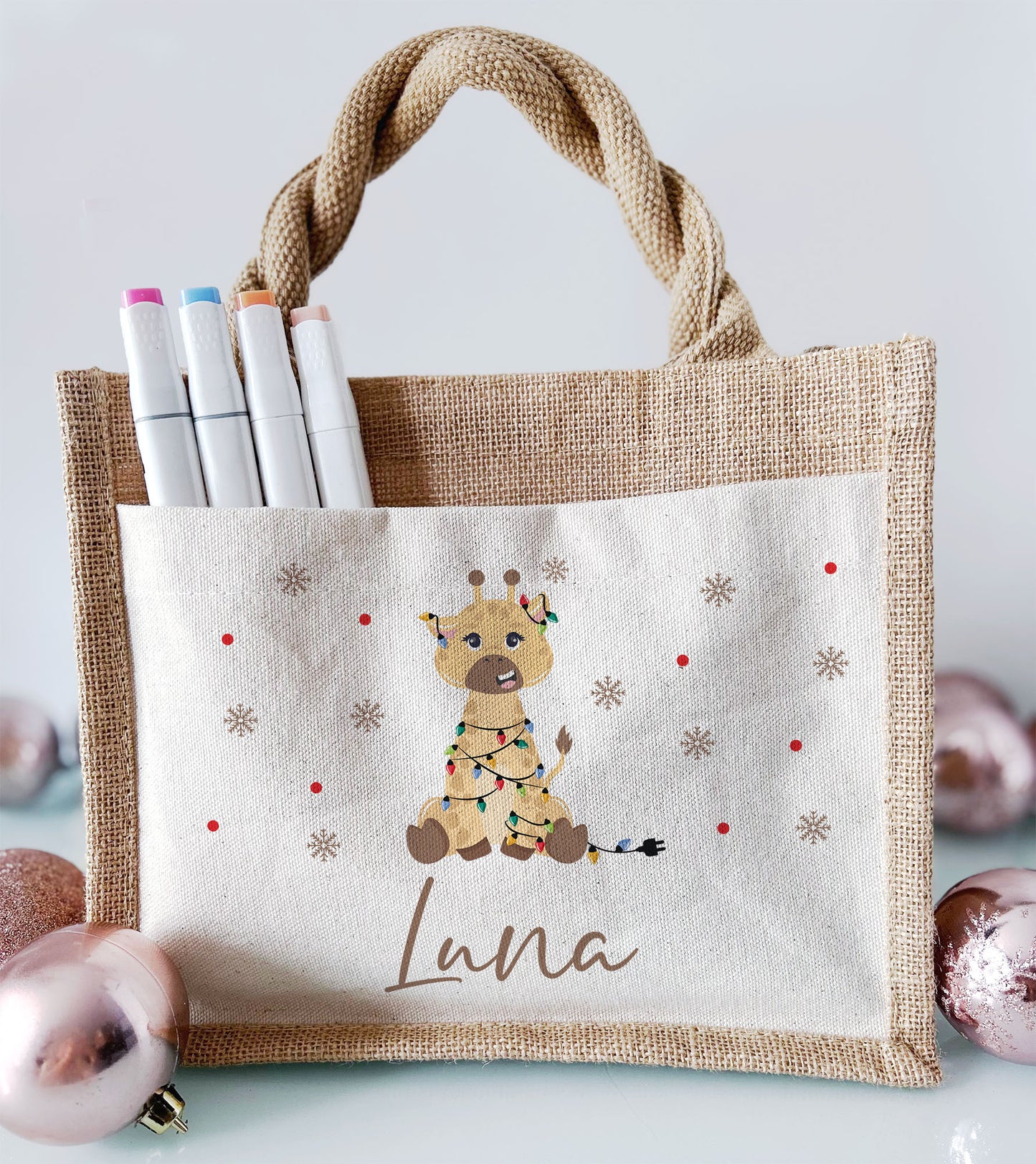 Jute Pocket Tasche mit Namen | Weihnachts- Giraffe